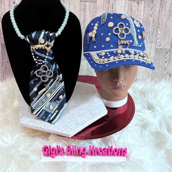 Embellished Blue Cap and Tie Set - Picture 2 of 2